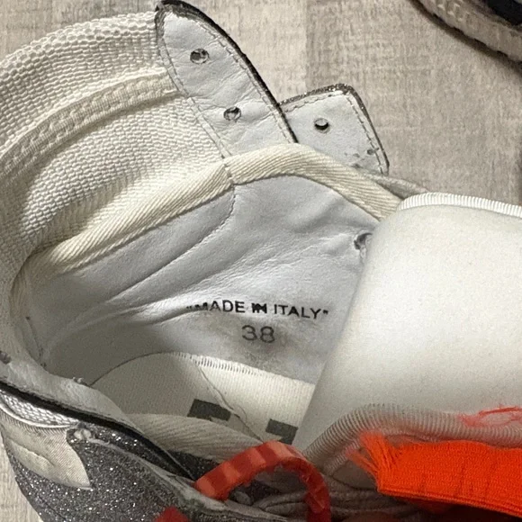 Off-White Glitter Gray Sneakers with Vibrant Orange Tags - Picture 9 of 9
